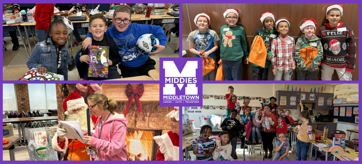 Four panel graphic shows photos of students celebrating Christmas wearing themed clothes and opening up gifts